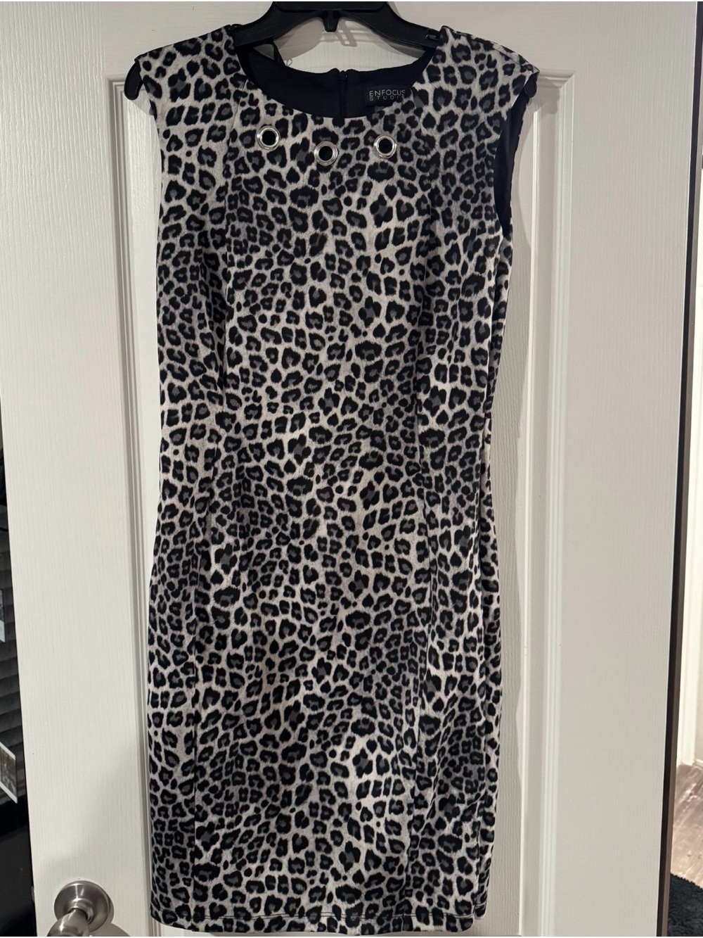 Enfocus Studio Black and White Leopard-Print Sheath Dress with Grommet Detail